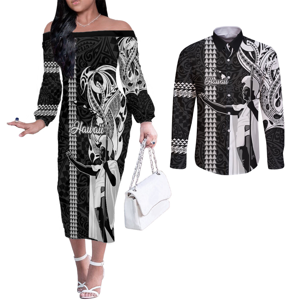 Custom Hawaii Island Couples Matching Off The Shoulder Long Sleeve Dress and Long Sleeve Button Shirts Hawaiian King and Kakau Symbols Abstract Shoulder Tattoo LT03 Black - Polynesian Pride