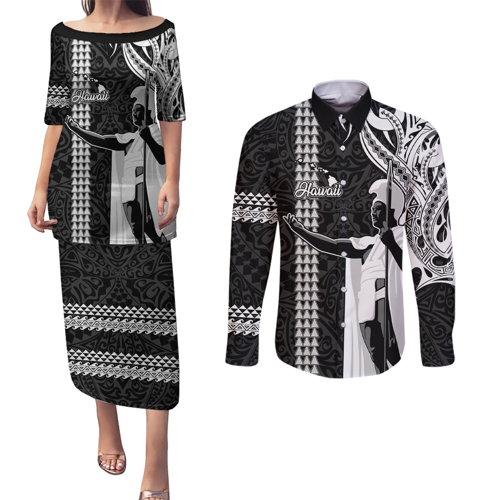 Custom Hawaii Island Couples Matching Puletasi Dress and Long Sleeve Button Shirts Hawaiian King and Kakau Symbols Abstract Shoulder Tattoo LT03 Black - Polynesian Pride