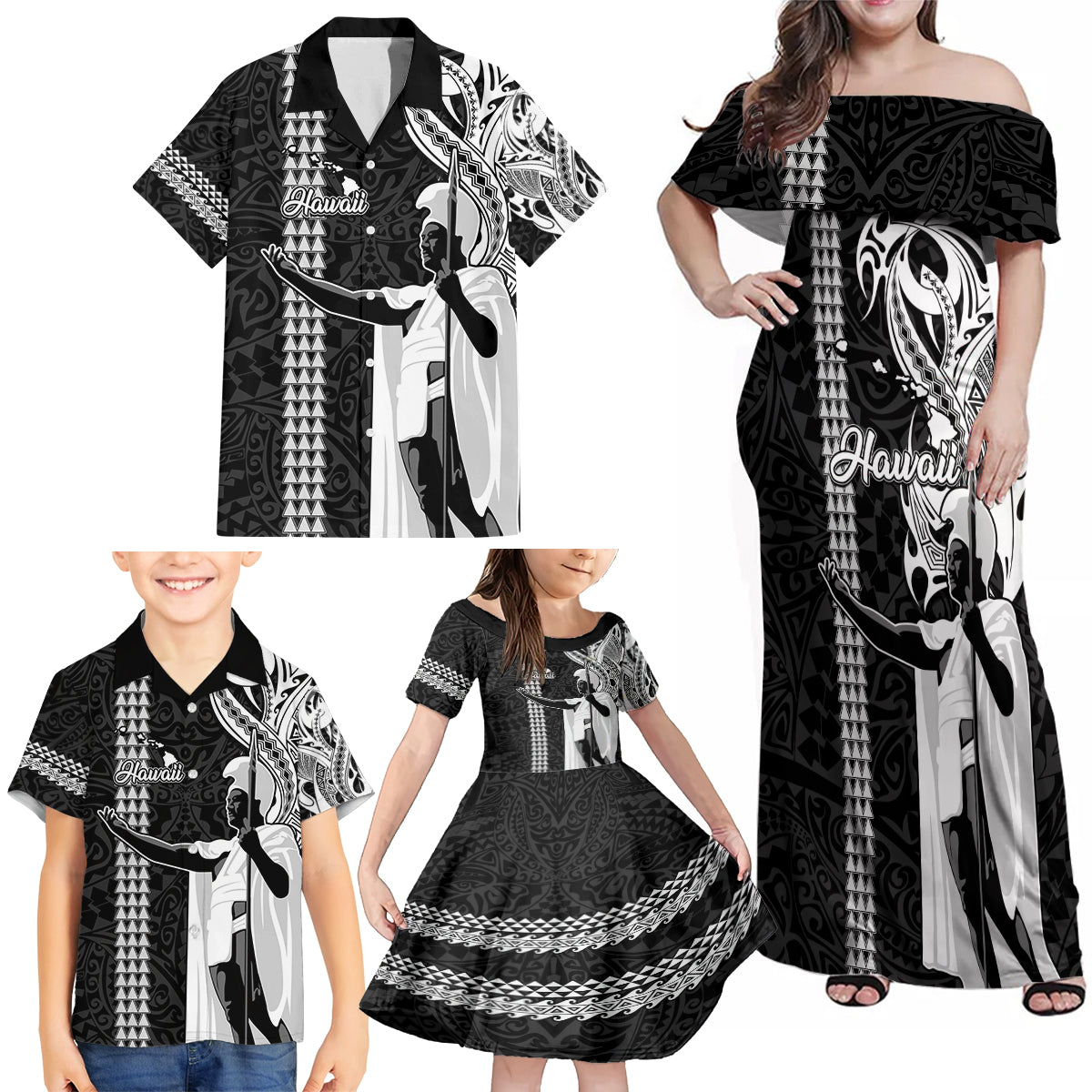 Custom Hawaii Island Family Matching Off Shoulder Maxi Dress and Hawaiian Shirt Hawaiian King and Kakau Symbols Abstract Shoulder Tattoo LT03 - Polynesian Pride