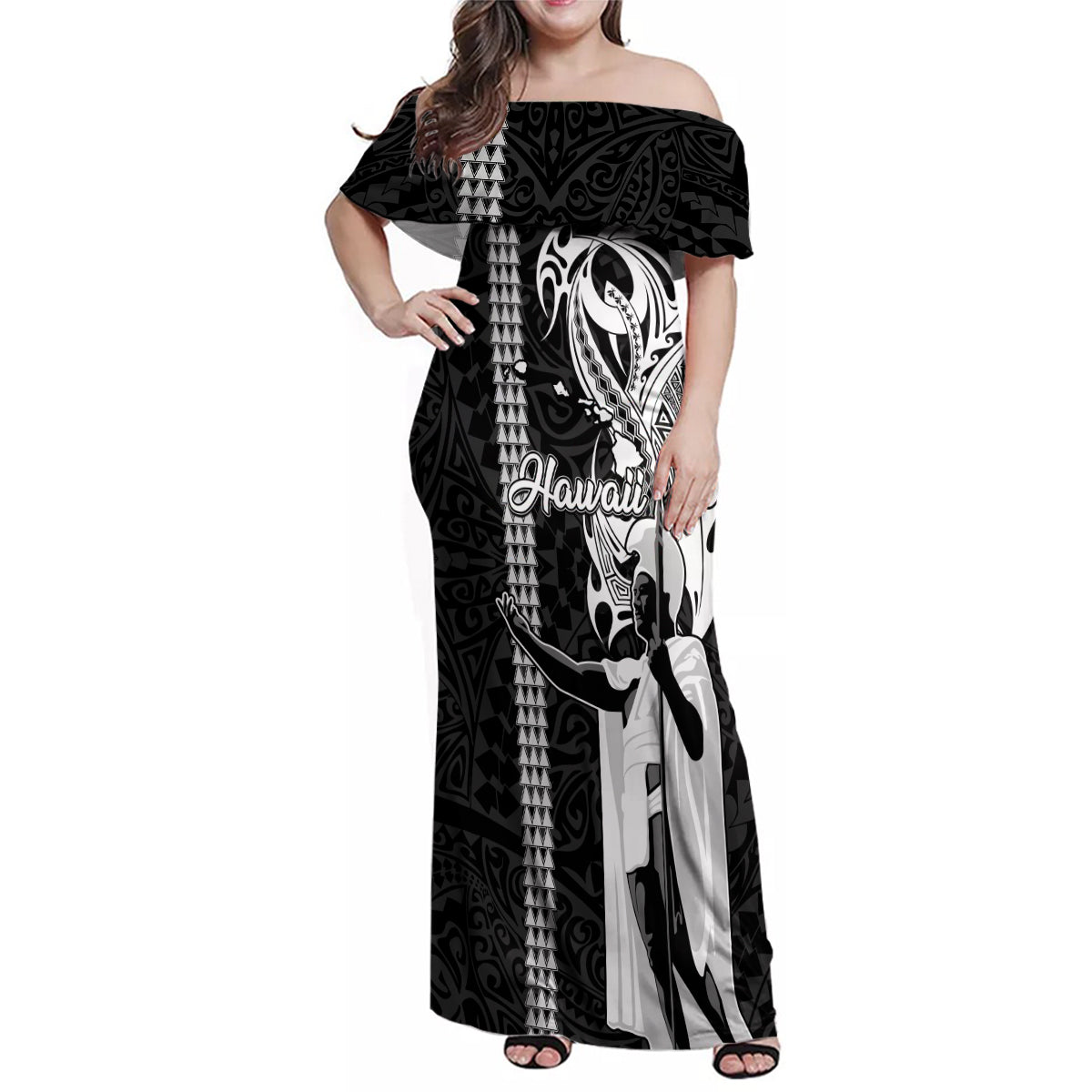 Custom Hawaii Island Family Matching Off Shoulder Maxi Dress and Hawaiian Shirt Hawaiian King and Kakau Symbols Abstract Shoulder Tattoo LT03 Mom's Dress Black - Polynesian Pride