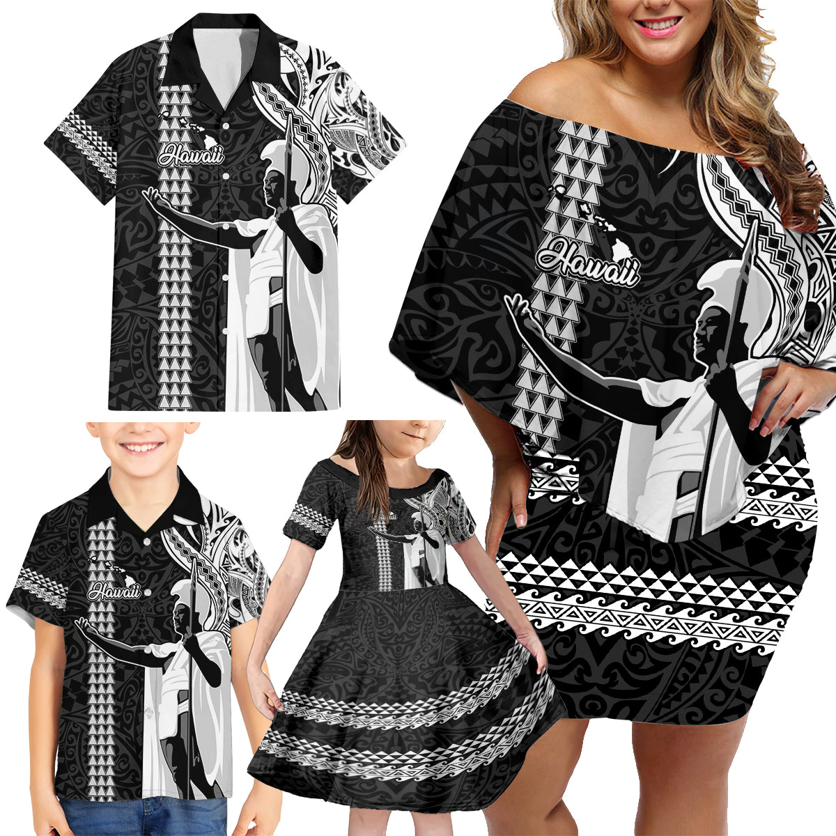 Custom Hawaii Island Family Matching Off Shoulder Short Dress and Hawaiian Shirt Hawaiian King and Kakau Symbols Abstract Shoulder Tattoo LT03 - Polynesian Pride