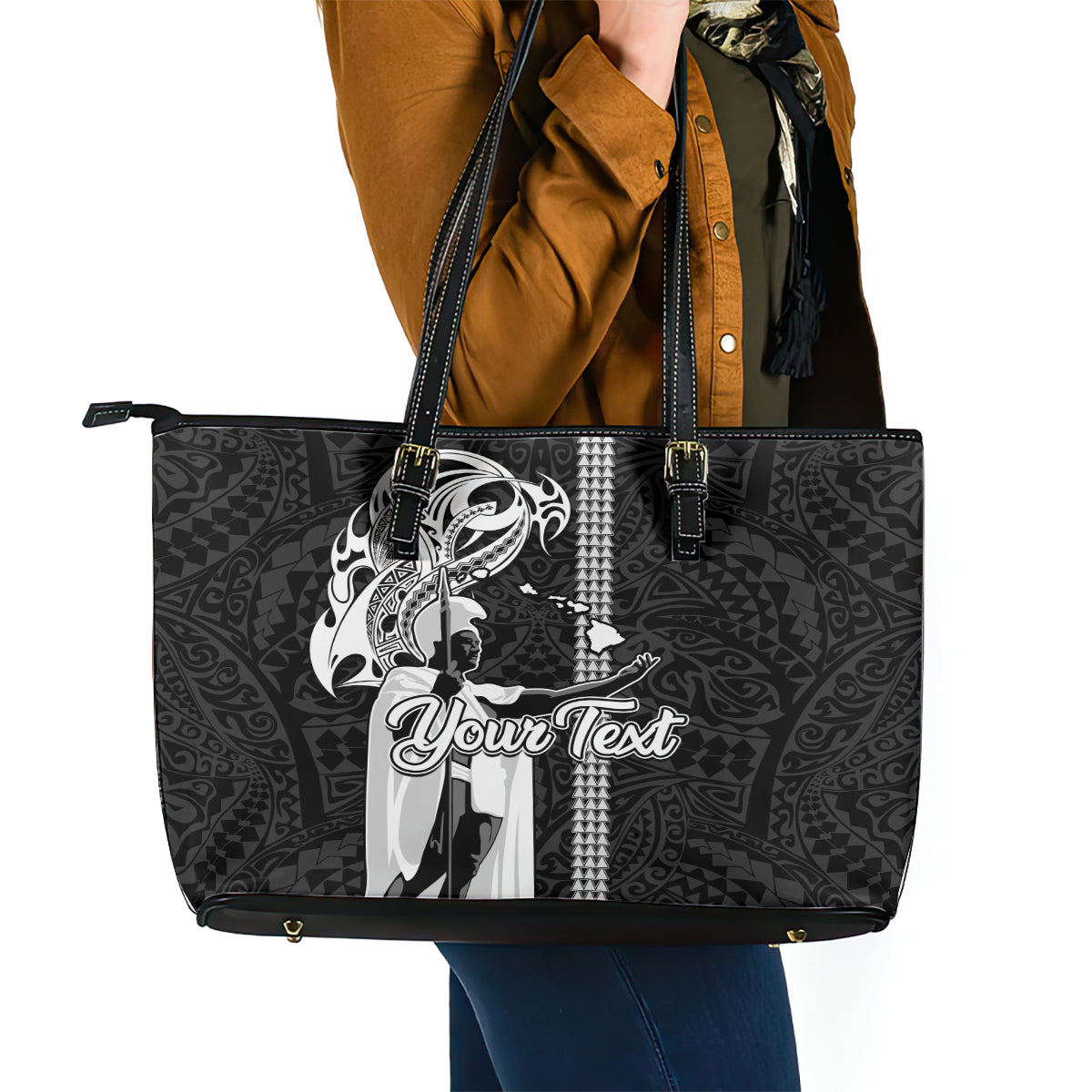 Custom Hawaii Island Leather Tote Bag Hawaiian King and Kakau Symbols Abstract Shoulder Tattoo LT03 - Polynesian Pride
