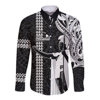Custom Hawaii Island Long Sleeve Button Shirt Hawaiian King and Kakau Symbols Abstract Shoulder Tattoo LT03 Unisex Black - Polynesian Pride