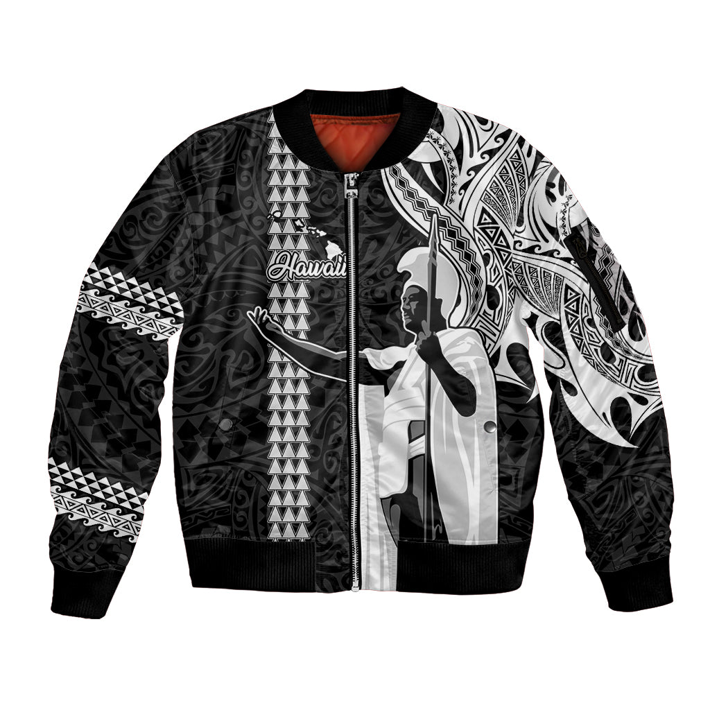 Custom Hawaii Island Sleeve Zip Bomber Jacket Hawaiian King and Kakau Symbols Abstract Shoulder Tattoo LT03 Unisex Black - Polynesian Pride