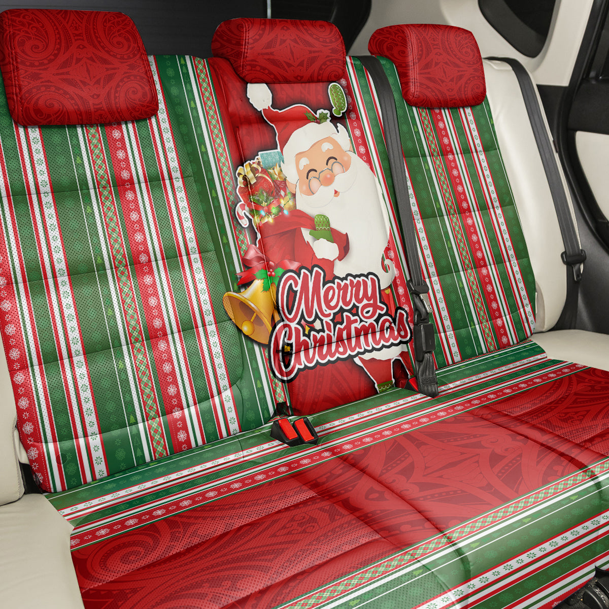 Kiribati Christmas Back Car Seat Cover Santa With Gift Bag Behind Ribbons Seamless Red Maori