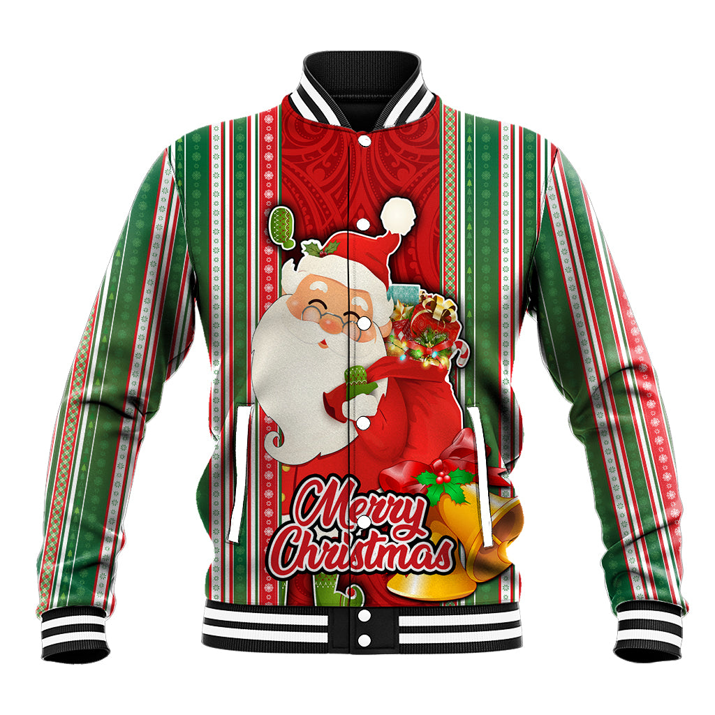 Kiribati Christmas Baseball Jacket Santa With Gift Bag Behind Ribbons Seamless Red Maori LT03 Unisex Red - Polynesian Pride