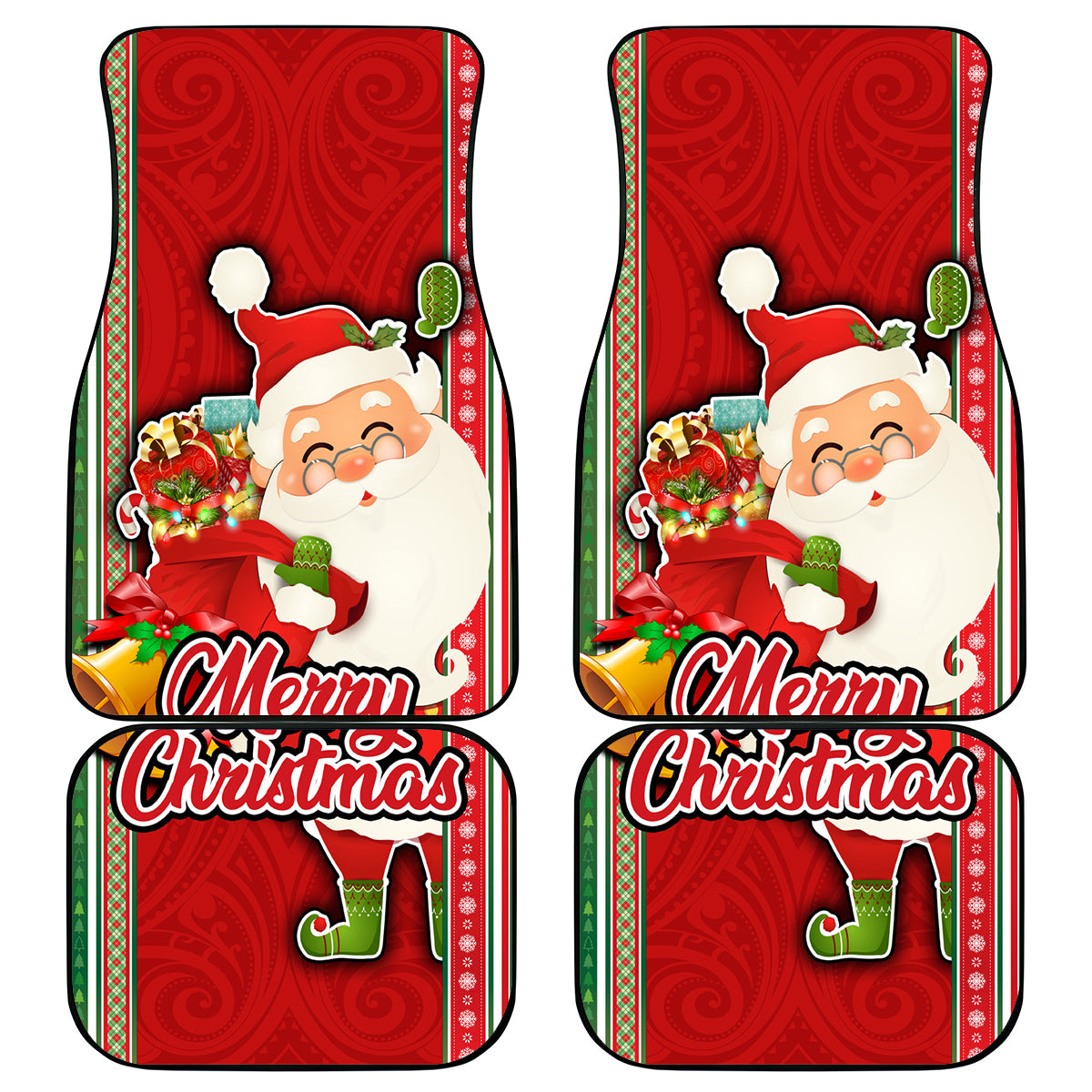 Kiribati Christmas Car Mats Santa With Gift Bag Behind Ribbons Seamless Red Maori LT03 Red - Polynesian Pride