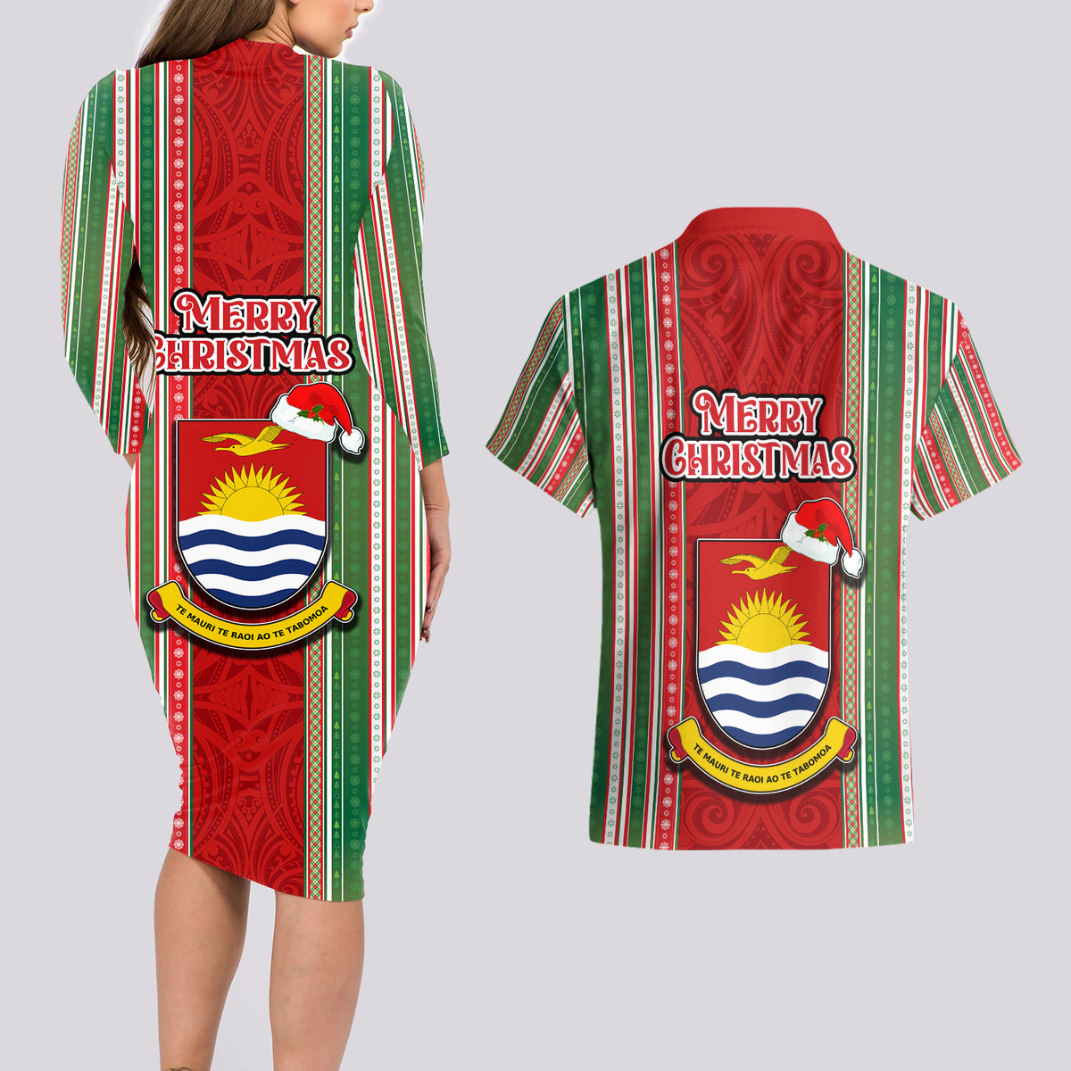 Kiribati Christmas Couples Matching Long Sleeve Bodycon Dress and Hawaiian Shirt Santa With Gift Bag Behind Ribbons Seamless Red Maori LT03 - Polynesian Pride