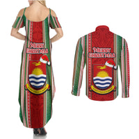 Kiribati Christmas Couples Matching Summer Maxi Dress and Long Sleeve Button Shirts Santa With Gift Bag Behind Ribbons Seamless Red Maori LT03 - Polynesian Pride
