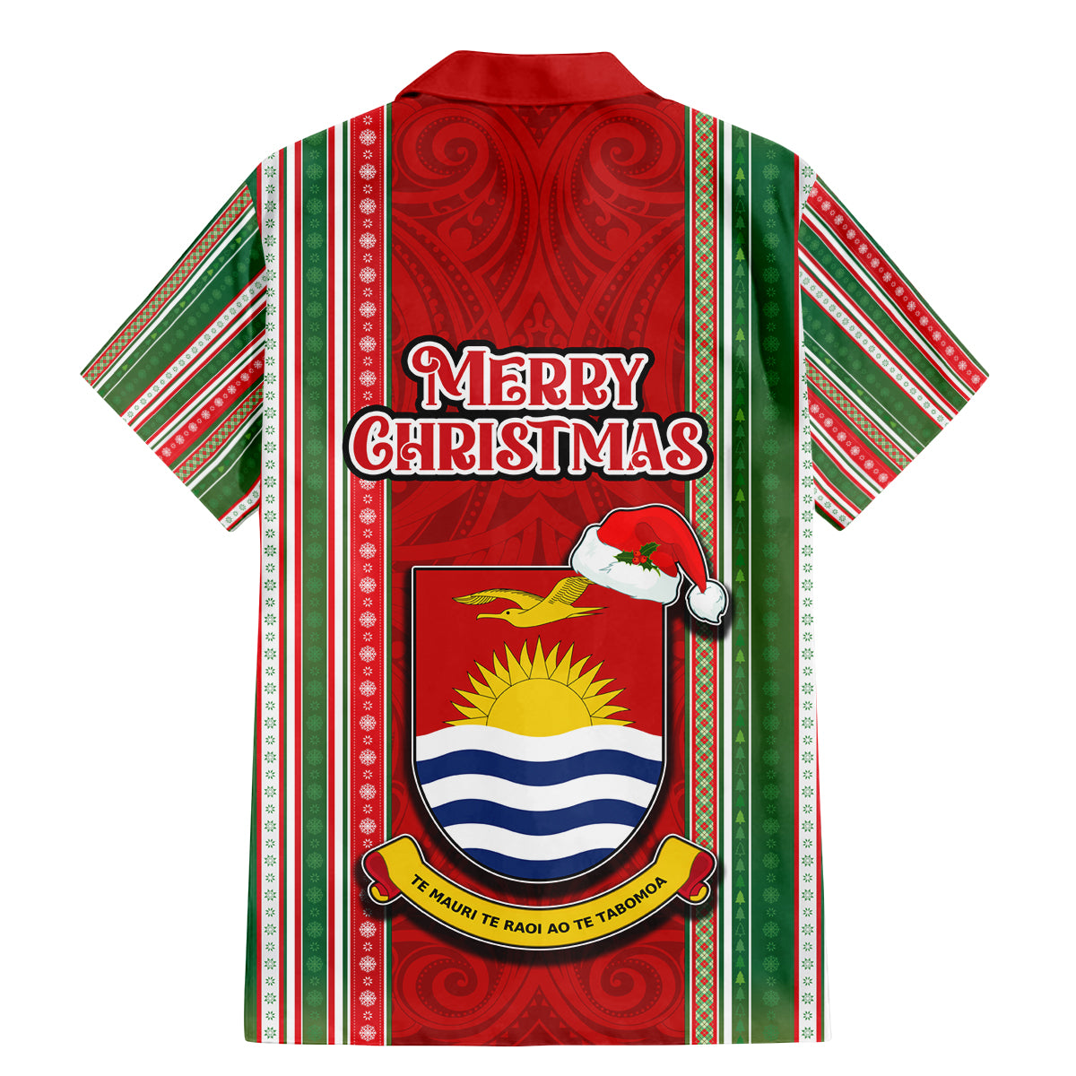 Kiribati Christmas Family Matching Mermaid Dress and Hawaiian Shirt Santa With Gift Bag Behind Ribbons Seamless Red Maori LT03 - Polynesian Pride