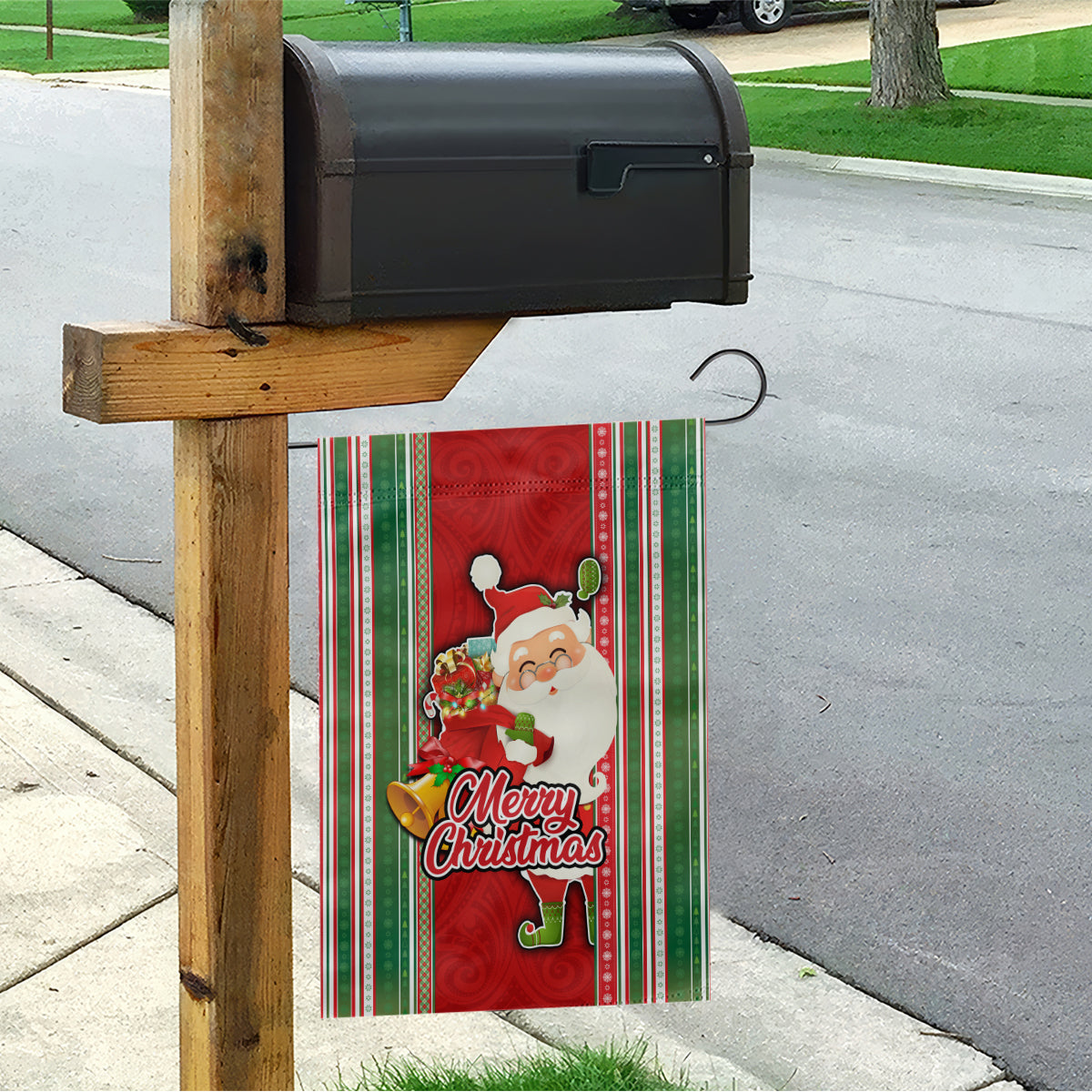 Kiribati Christmas Garden Flag Santa With Gift Bag Behind Ribbons Seamless Red Maori LT03 - Polynesian Pride