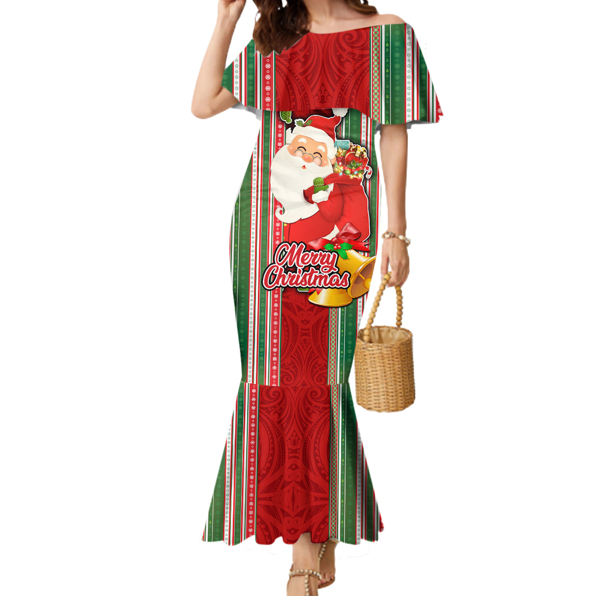 Kiribati Christmas Mermaid Dress Santa With Gift Bag Behind Ribbons Seamless Red Maori LT03 Women Red - Polynesian Pride