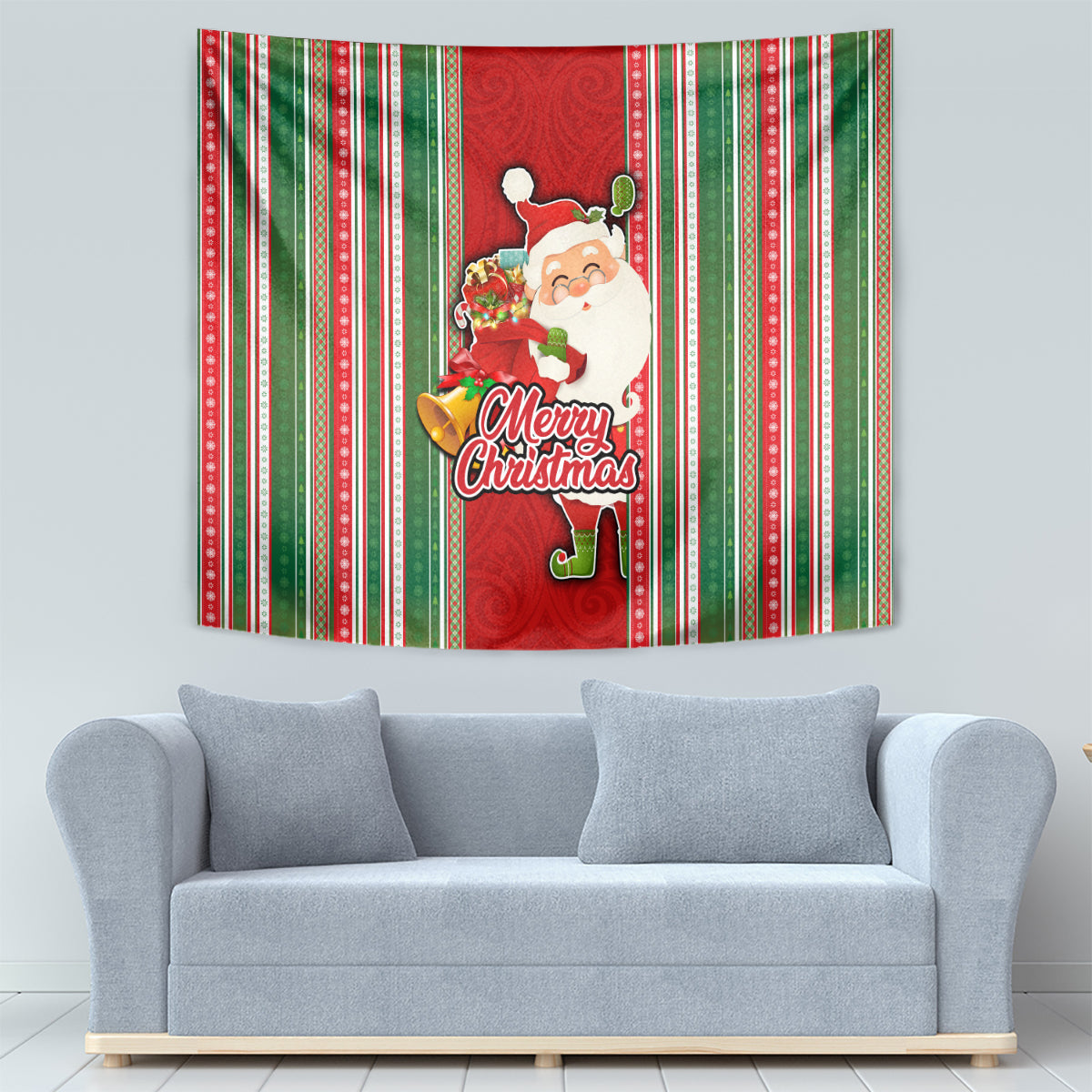 Kiribati Christmas Tapestry Santa With Gift Bag Behind Ribbons Seamless Red Maori LT03 - Polynesian Pride