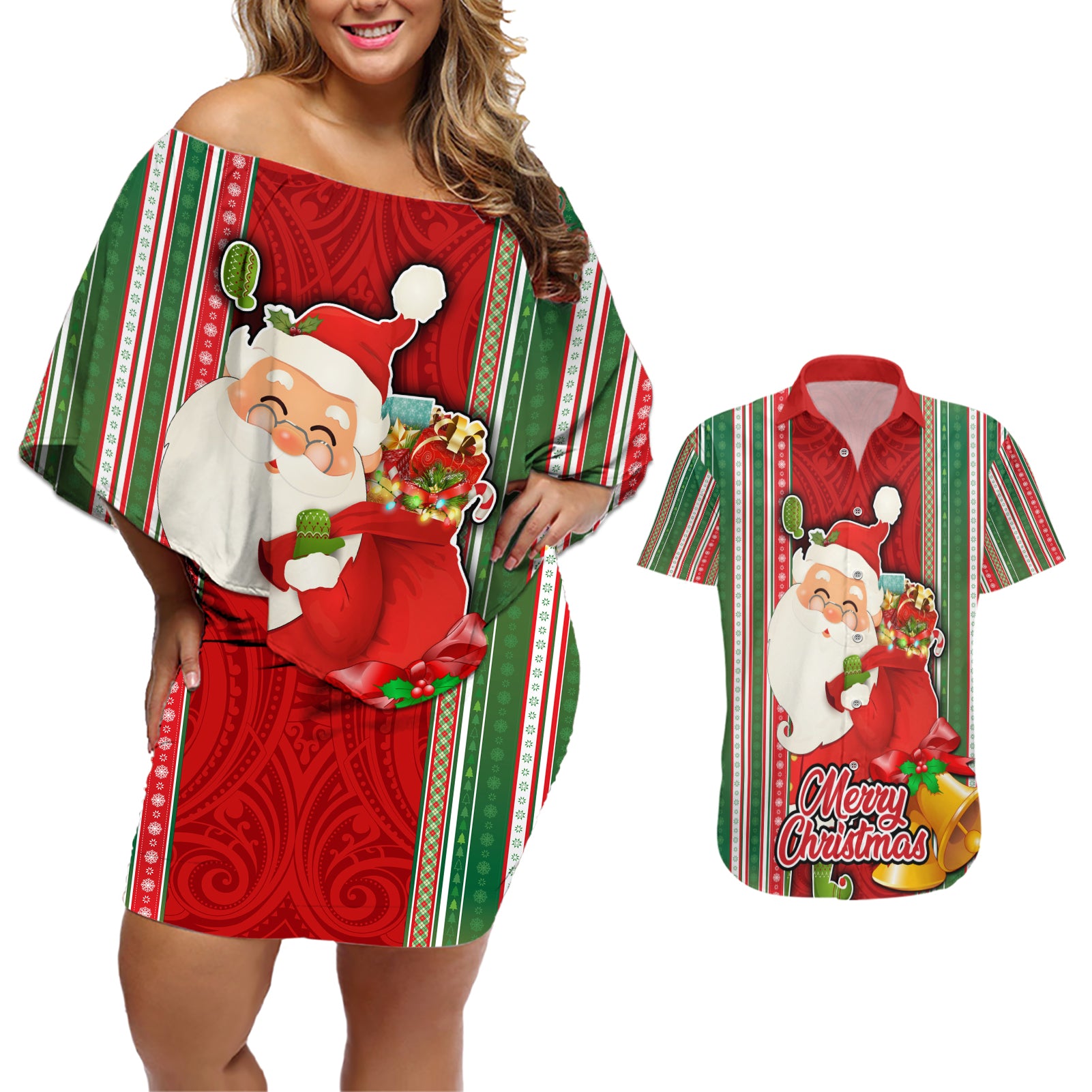 Custom Kiribati Christmas Couples Matching Off Shoulder Short Dress and Hawaiian Shirt Santa With Gift Bag Behind Ribbons Seamless Red Maori LT03 Red - Polynesian Pride