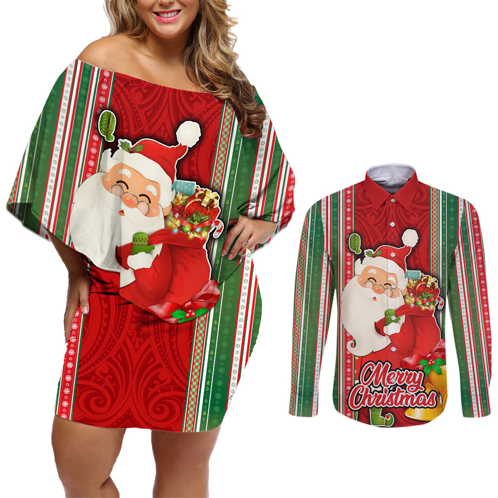 Custom Kiribati Christmas Couples Matching Off Shoulder Short Dress and Long Sleeve Button Shirts Santa With Gift Bag Behind Ribbons Seamless Red Maori LT03 Red - Polynesian Pride