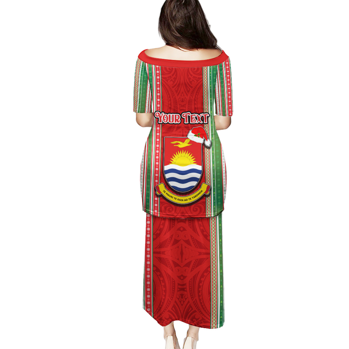 Custom Kiribati Christmas Family Matching Puletasi Dress and Hawaiian Shirt Santa With Gift Bag Behind Ribbons Seamless Red Maori LT03 - Polynesian Pride