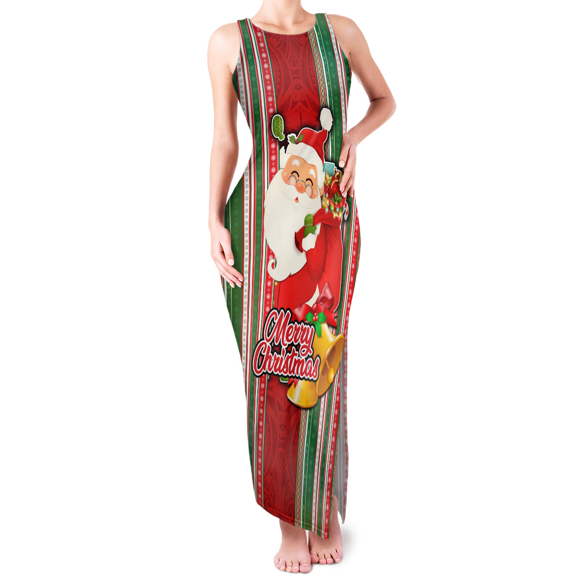 Custom Kiribati Christmas Family Matching Tank Maxi Dress and Hawaiian Shirt Santa With Gift Bag Behind Ribbons Seamless Red Maori LT03 Mom's Dress Red - Polynesian Pride