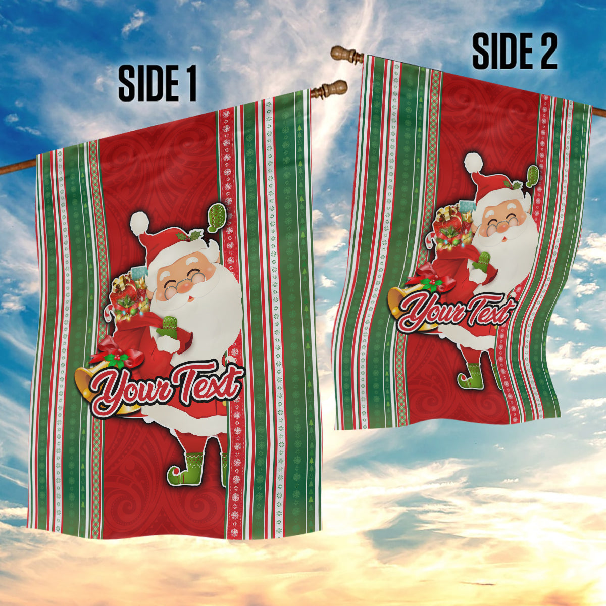 Custom Kiribati Christmas Garden Flag Santa With Gift Bag Behind Ribbons Seamless Red Maori LT03 - Polynesian Pride