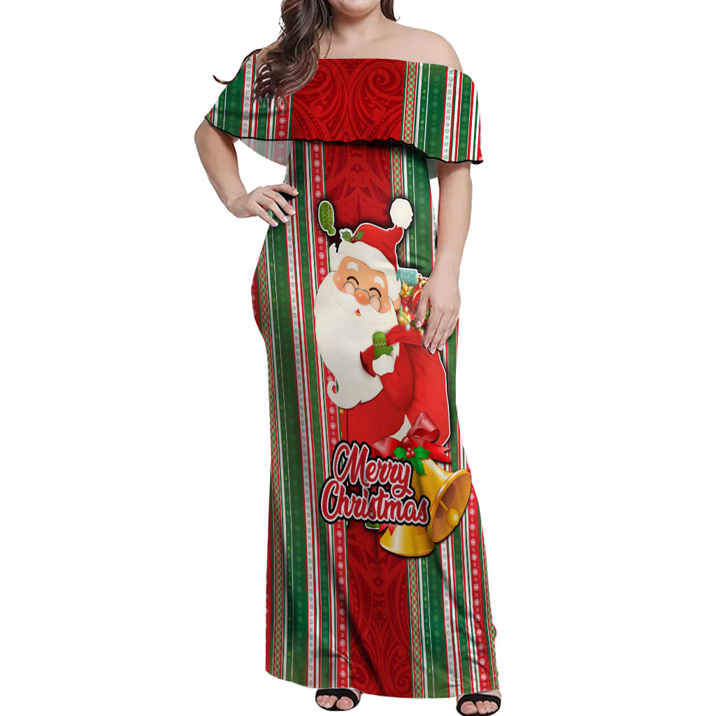 Custom Kiribati Christmas Off Shoulder Maxi Dress Santa With Gift Bag Behind Ribbons Seamless Red Maori LT03 Women Red - Polynesian Pride