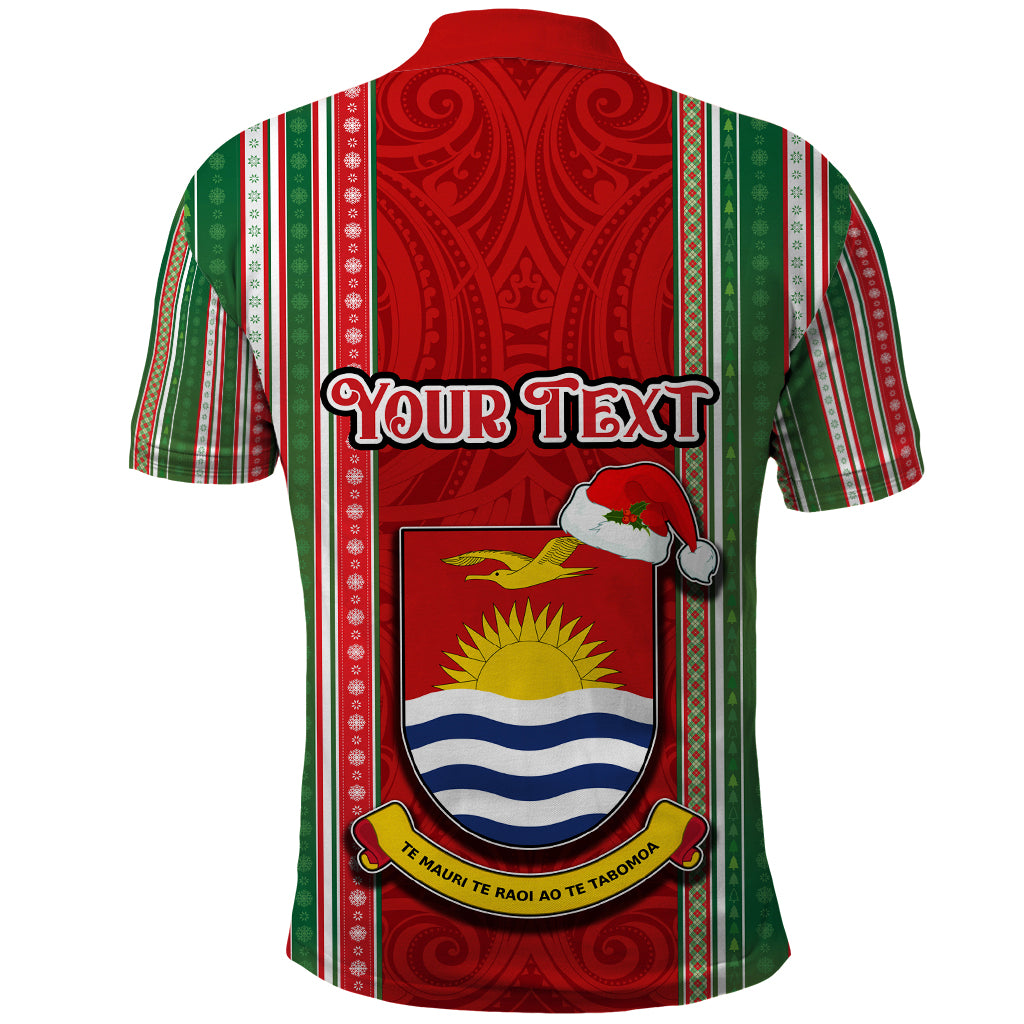 Custom Kiribati Christmas Polo Shirt Santa With Gift Bag Behind Ribbons Seamless Red Maori LT03 - Polynesian Pride