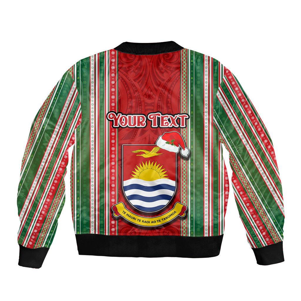 Custom Kiribati Christmas Sleeve Zip Bomber Jacket Santa With Gift Bag Behind Ribbons Seamless Red Maori LT03 - Polynesian Pride