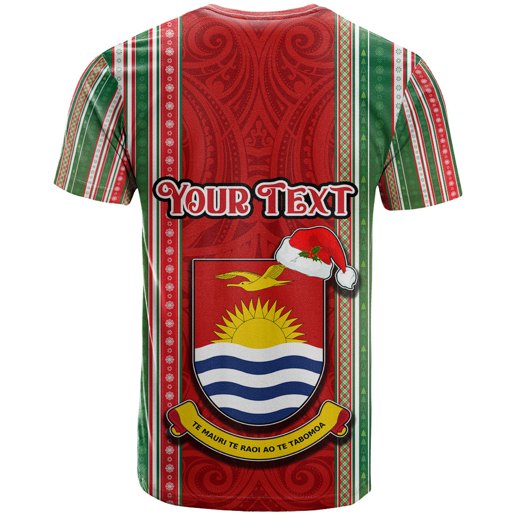 Custom Kiribati Christmas T Shirt Santa With Gift Bag Behind Ribbons Seamless Red Maori LT03 - Polynesian Pride