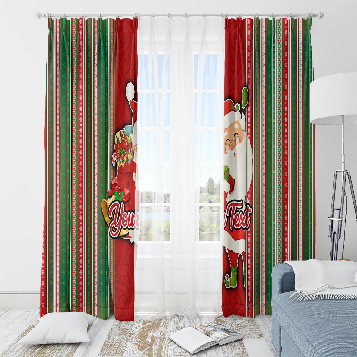 Custom Kiribati Christmas Window Curtain Santa With Gift Bag Behind Ribbons Seamless Red Maori LT03 - Polynesian Pride