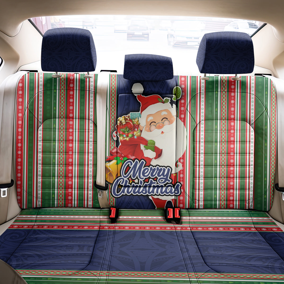 Kiribati Christmas Back Car Seat Cover Santa With Gift Bag Behind Ribbons Seamless Blue Maori