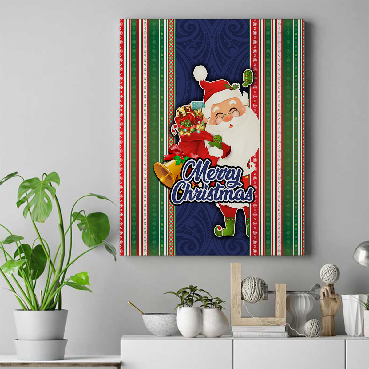 Kiribati Christmas Canvas Wall Art Santa With Gift Bag Behind Ribbons Seamless Blue Maori LT03 Blue - Polynesian Pride