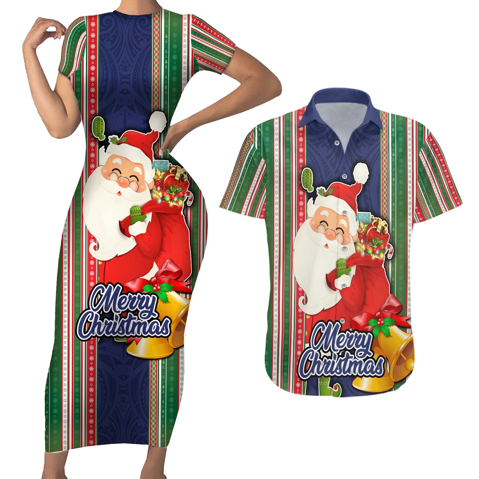 Kiribati Christmas Couples Matching Short Sleeve Bodycon Dress and Hawaiian Shirt Santa With Gift Bag Behind Ribbons Seamless Blue Maori LT03 Blue - Polynesian Pride