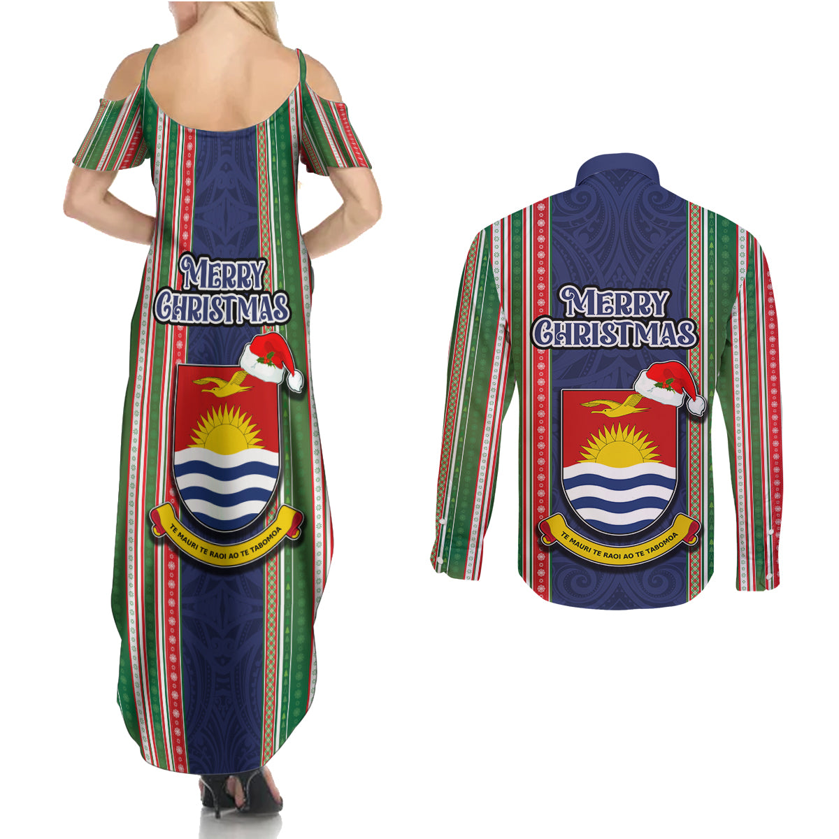 Kiribati Christmas Couples Matching Summer Maxi Dress and Long Sleeve Button Shirts Santa With Gift Bag Behind Ribbons Seamless Blue Maori LT03 - Polynesian Pride