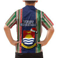 Kiribati Christmas Family Matching Mermaid Dress and Hawaiian Shirt Santa With Gift Bag Behind Ribbons Seamless Blue Maori LT03 - Polynesian Pride