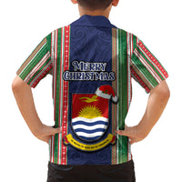 Kiribati Christmas Family Matching Off Shoulder Maxi Dress and Hawaiian Shirt Santa With Gift Bag Behind Ribbons Seamless Blue Maori LT03 - Polynesian Pride