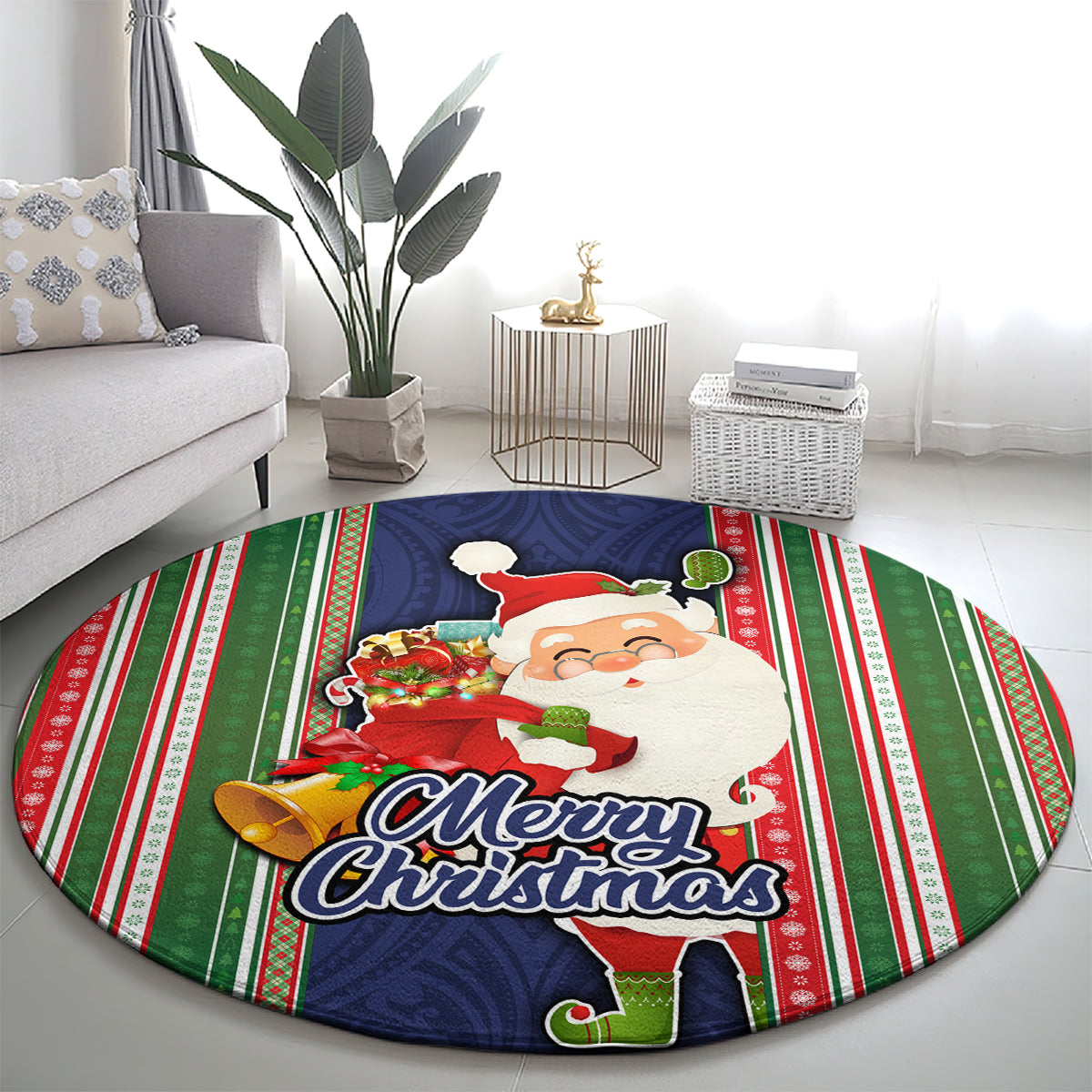 Kiribati Christmas Round Carpet Santa With Gift Bag Behind Ribbons Seamless Blue Maori LT03 - Polynesian Pride