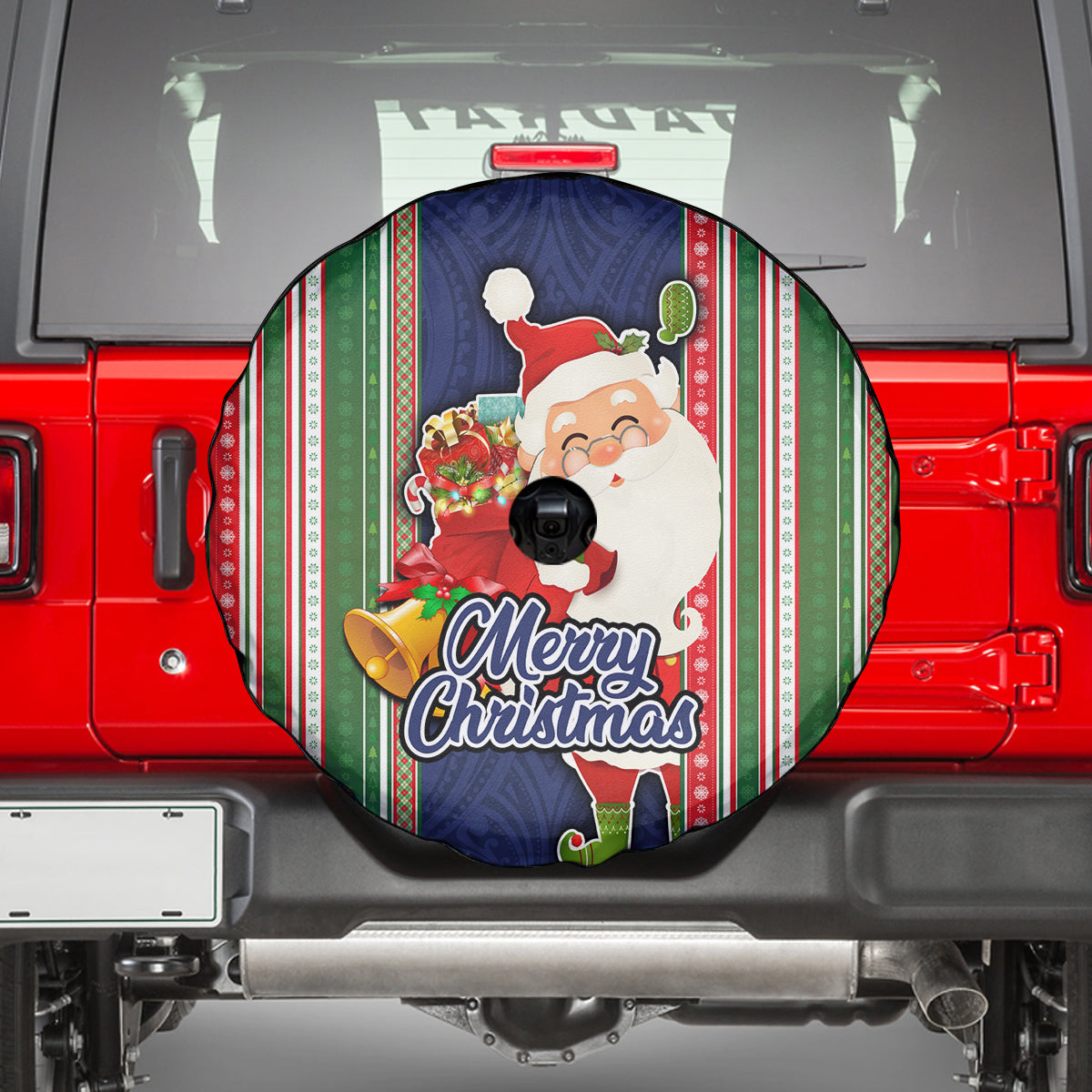 Kiribati Christmas Spare Tire Cover Santa With Gift Bag Behind Ribbons Seamless Blue Maori LT03 - Polynesian Pride