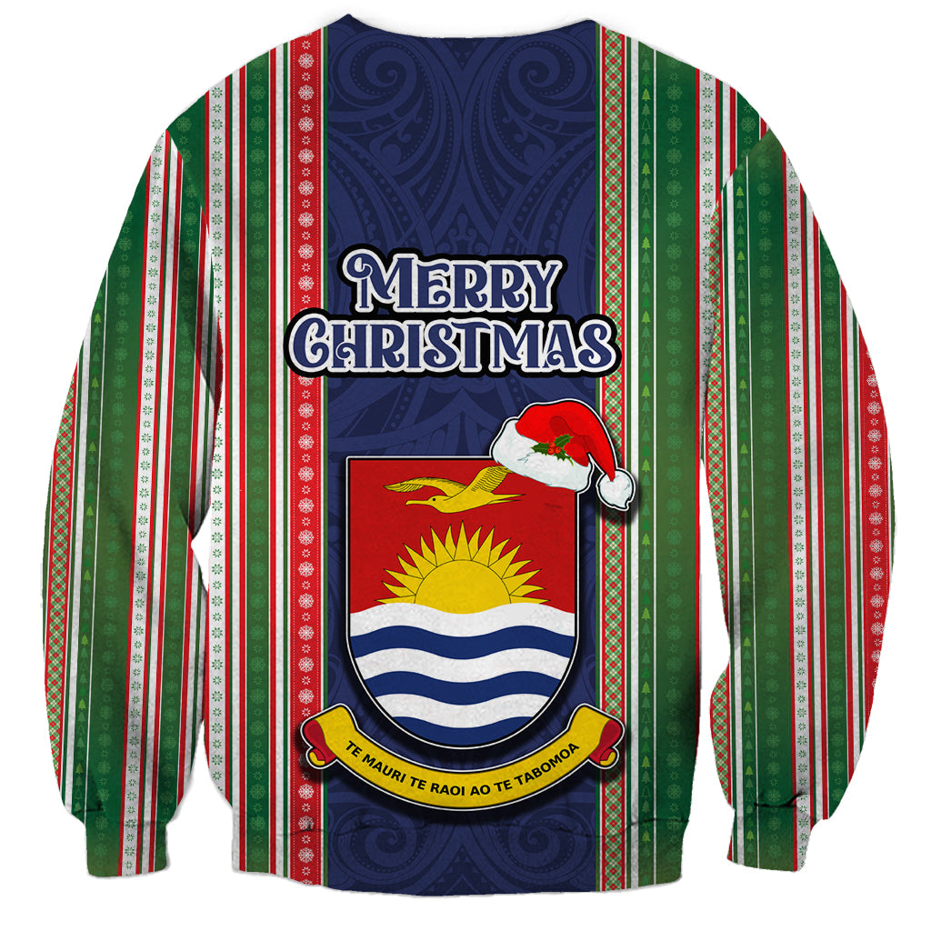 Kiribati Christmas Sweatshirt Santa With Gift Bag Behind Ribbons Seamless Blue Maori LT03 - Polynesian Pride