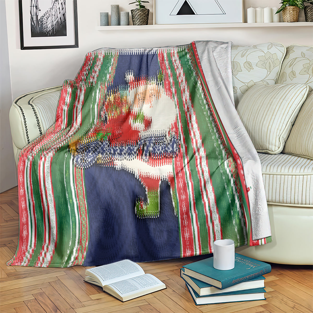 Custom Kiribati Christmas Blanket Santa With Gift Bag Behind Ribbons Seamless Blue Maori LT03 - Polynesian Pride