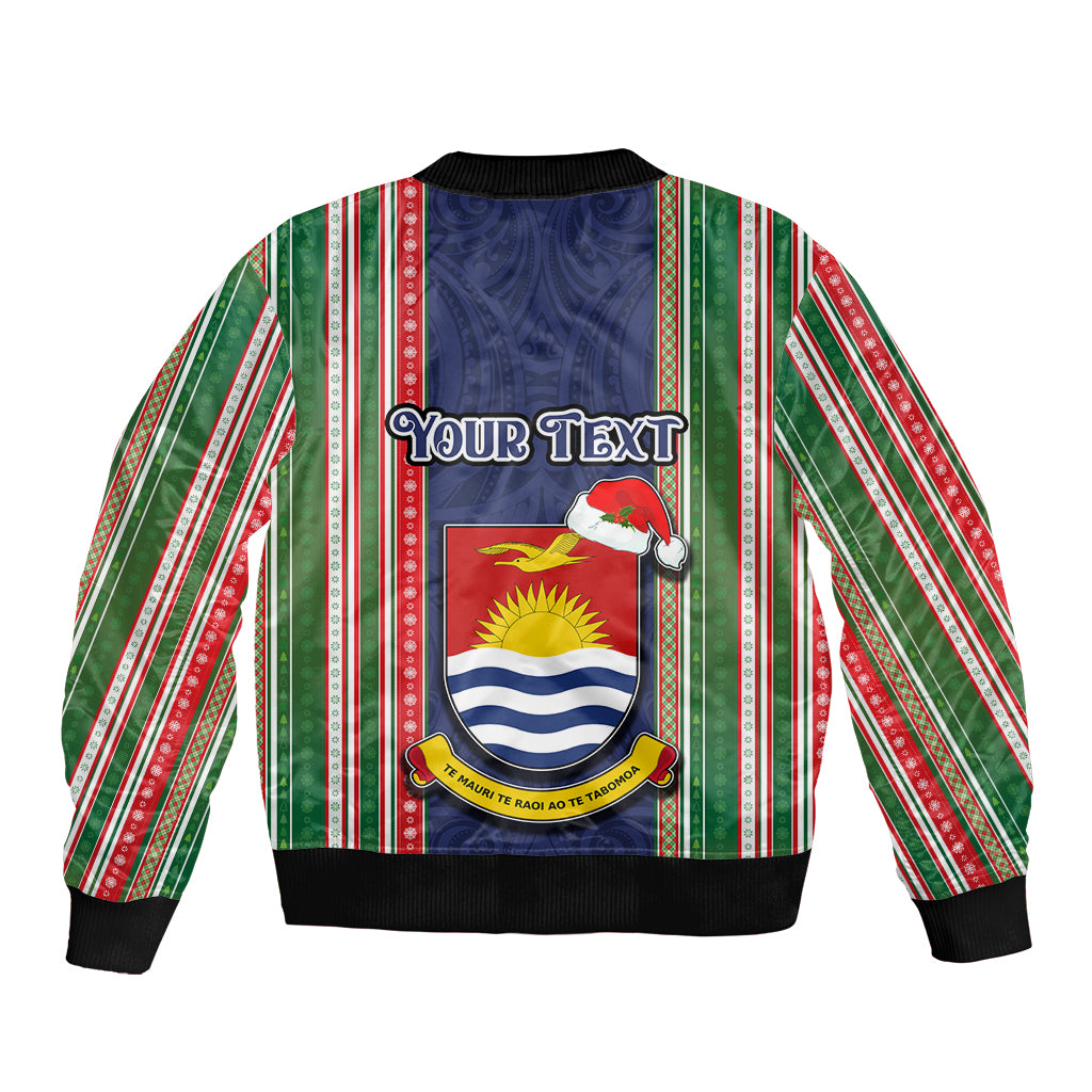 Custom Kiribati Christmas Bomber Jacket Santa With Gift Bag Behind Ribbons Seamless Blue Maori LT03 - Polynesian Pride