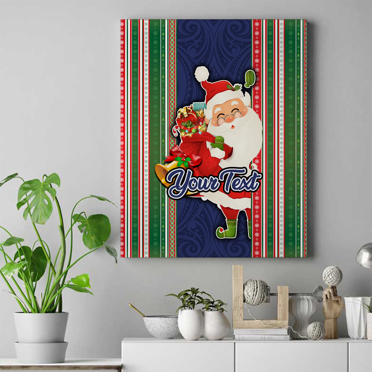 Custom Kiribati Christmas Canvas Wall Art Santa With Gift Bag Behind Ribbons Seamless Blue Maori LT03 Blue - Polynesian Pride