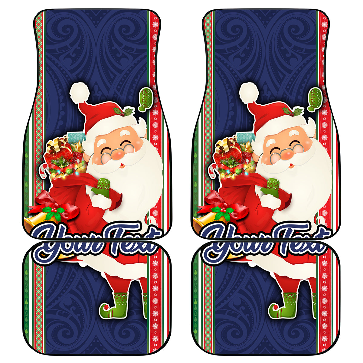 Custom Kiribati Christmas Car Mats Santa With Gift Bag Behind Ribbons Seamless Blue Maori LT03 Blue - Polynesian Pride