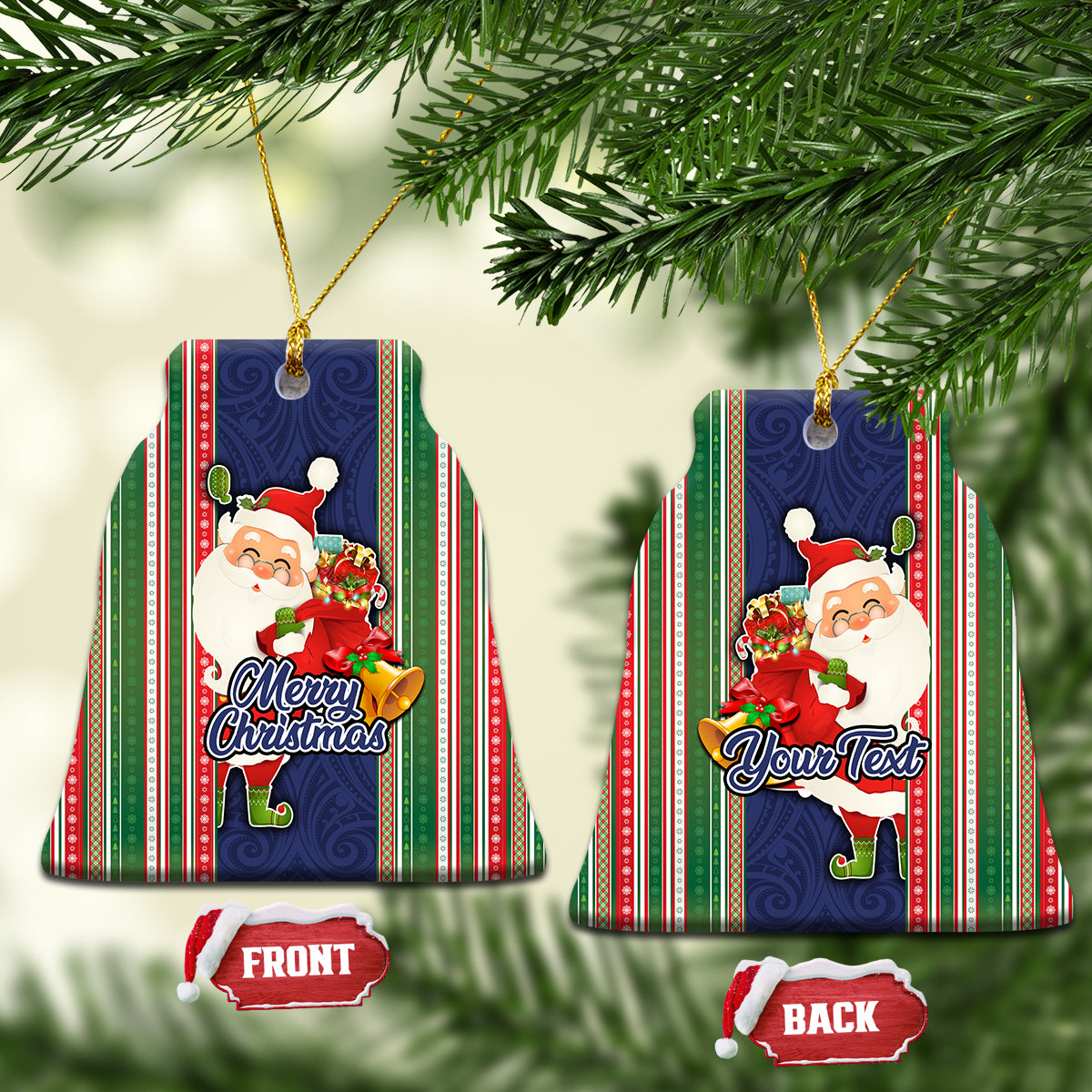 Custom Kiribati Christmas Ceramic Ornament Santa With Gift Bag Behind Ribbons Seamless Blue Maori LT03 - Polynesian Pride