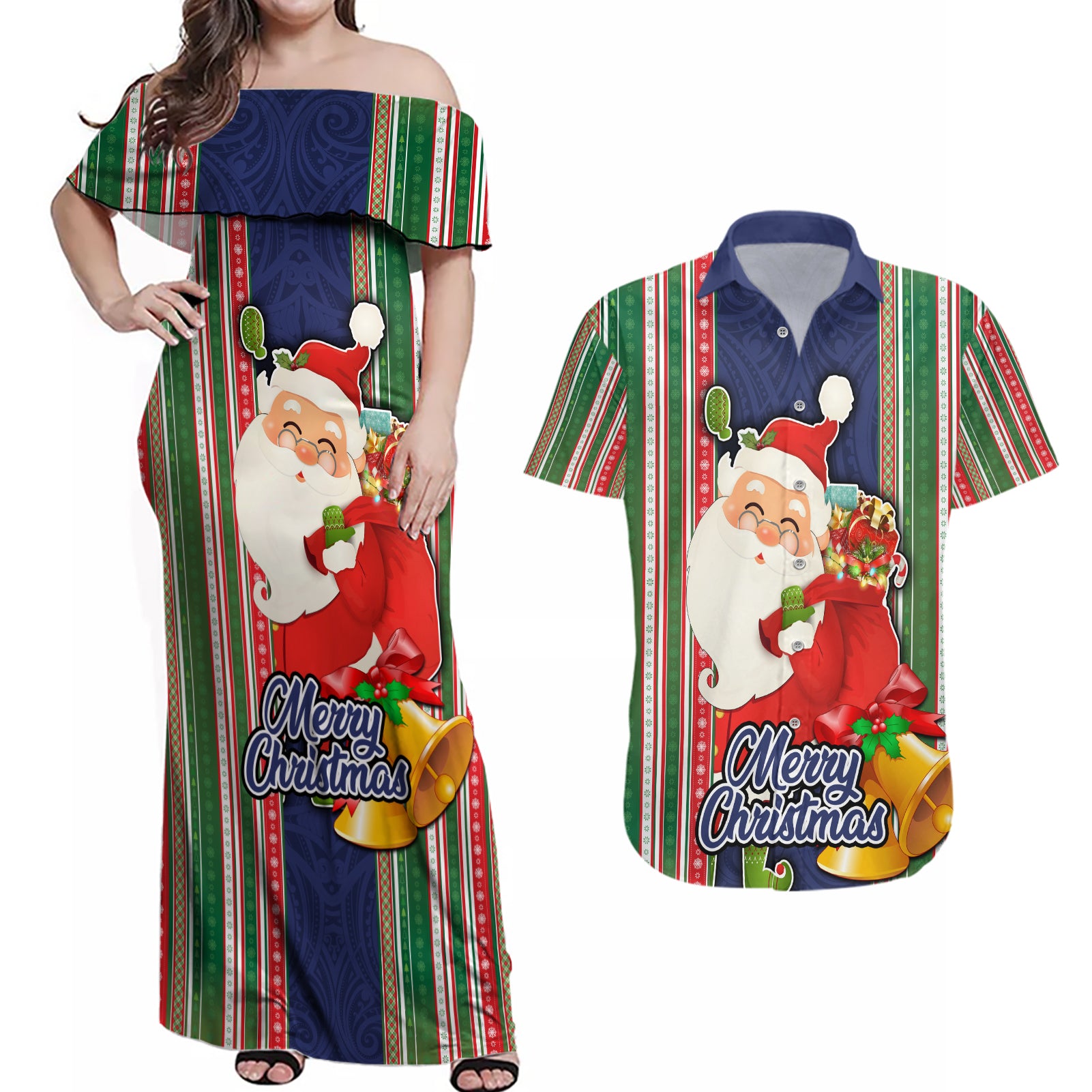 Custom Kiribati Christmas Couples Matching Off Shoulder Maxi Dress and Hawaiian Shirt Santa With Gift Bag Behind Ribbons Seamless Blue Maori LT03 Blue - Polynesian Pride