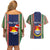 Custom Kiribati Christmas Couples Matching Off Shoulder Short Dress and Hawaiian Shirt Santa With Gift Bag Behind Ribbons Seamless Blue Maori LT03 - Polynesian Pride