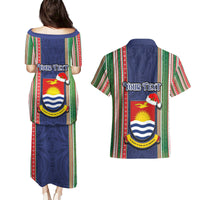 Custom Kiribati Christmas Couples Matching Puletasi Dress and Hawaiian Shirt Santa With Gift Bag Behind Ribbons Seamless Blue Maori LT03 - Polynesian Pride