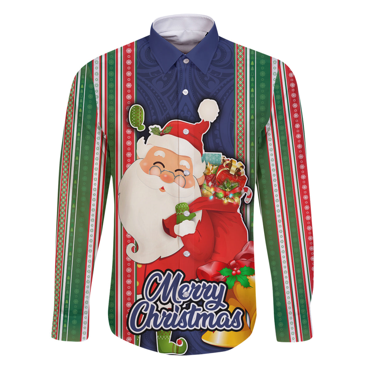Custom Kiribati Christmas Family Matching Off Shoulder Maxi Dress and Hawaiian Shirt Santa With Gift Bag Behind Ribbons Seamless Blue Maori LT03 Dad's Shirt - Long Sleeve Blue - Polynesian Pride