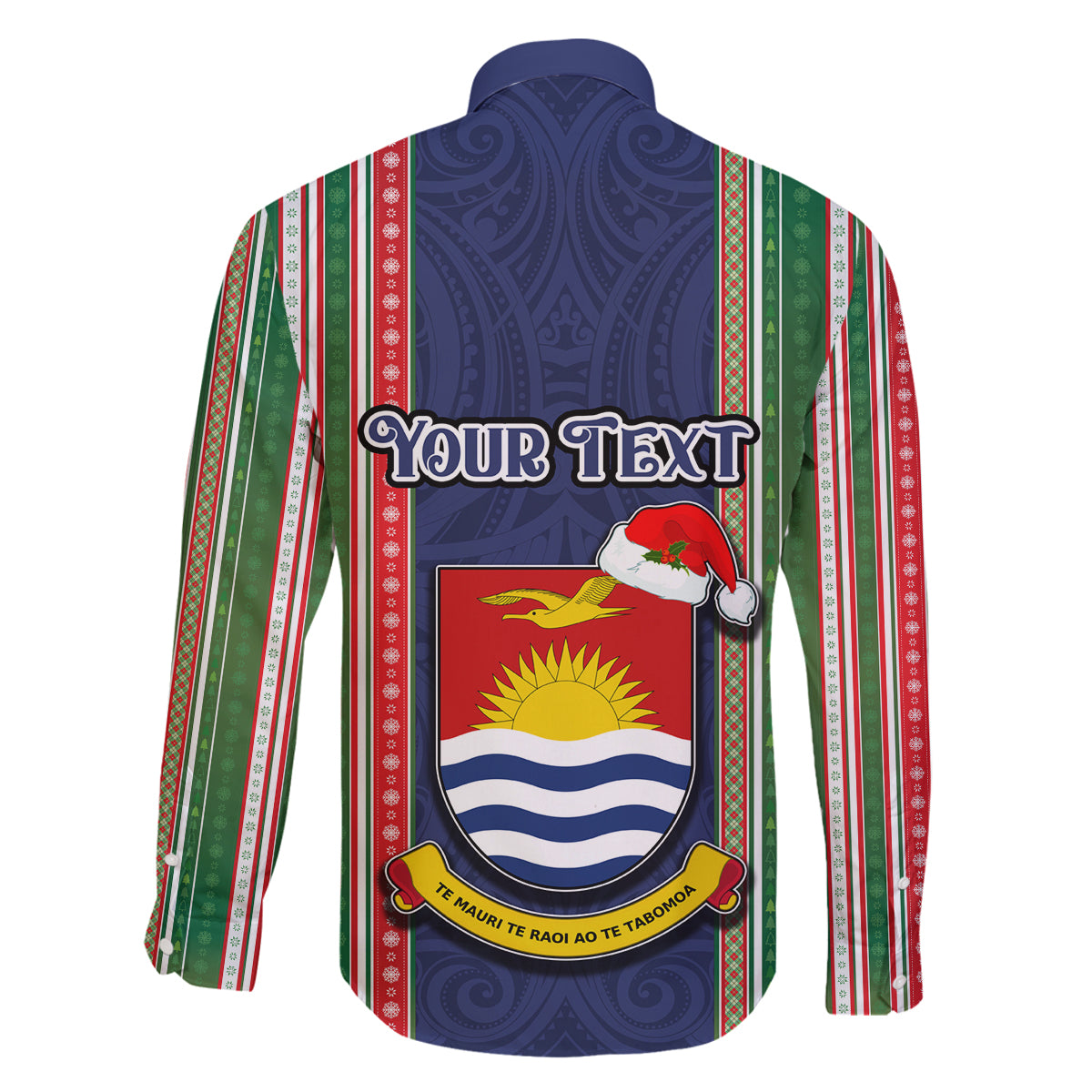 Custom Kiribati Christmas Family Matching Tank Maxi Dress and Hawaiian Shirt Santa With Gift Bag Behind Ribbons Seamless Blue Maori LT03 - Polynesian Pride