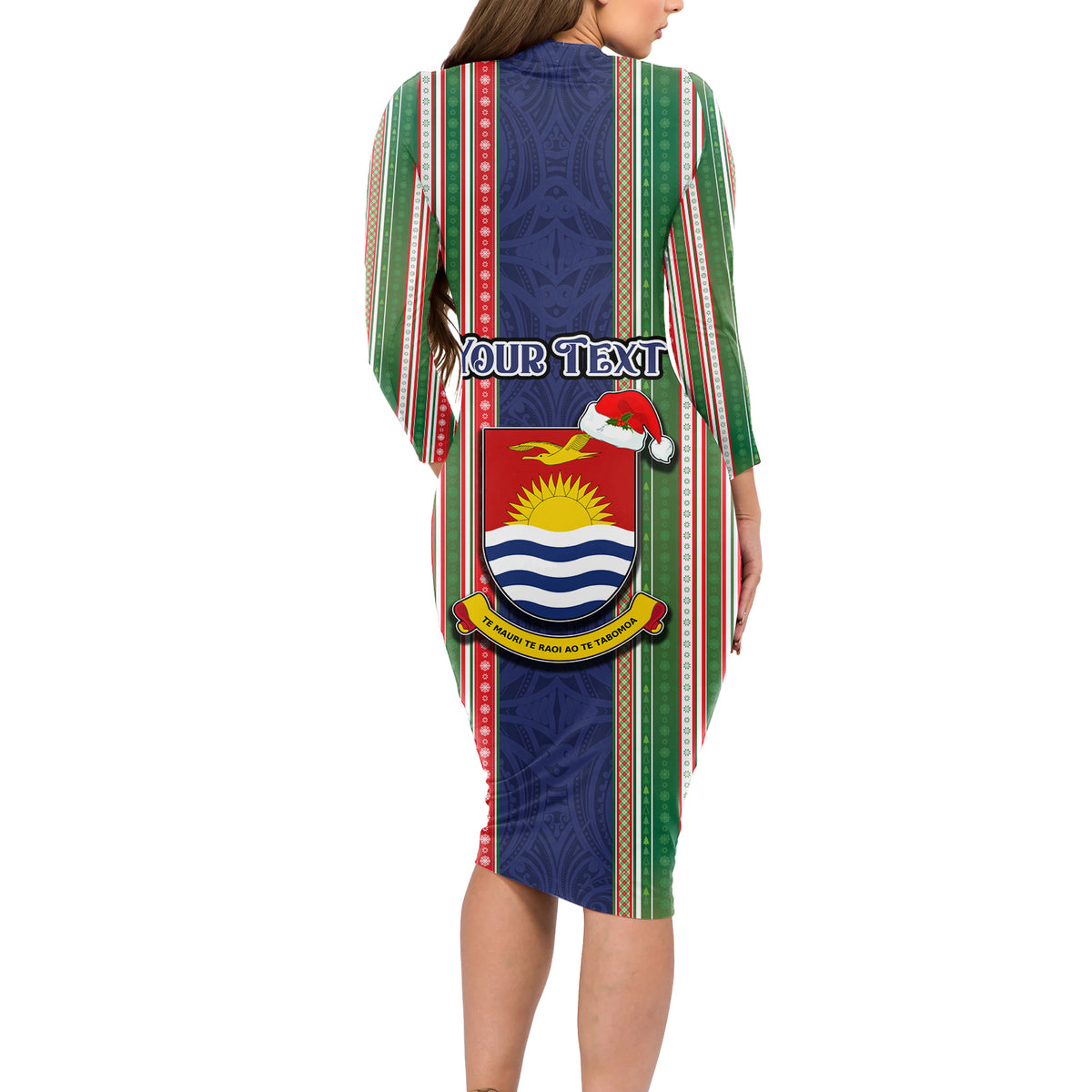 Custom Kiribati Christmas Long Sleeve Bodycon Dress Santa With Gift Bag Behind Ribbons Seamless Blue Maori LT03 - Polynesian Pride
