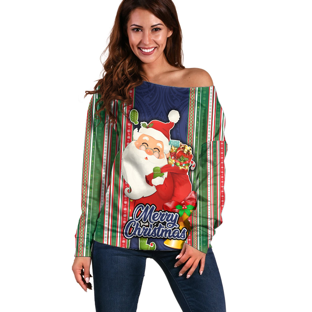 Custom Kiribati Christmas Off Shoulder Sweater Santa With Gift Bag Behind Ribbons Seamless Blue Maori LT03 Women Blue - Polynesian Pride