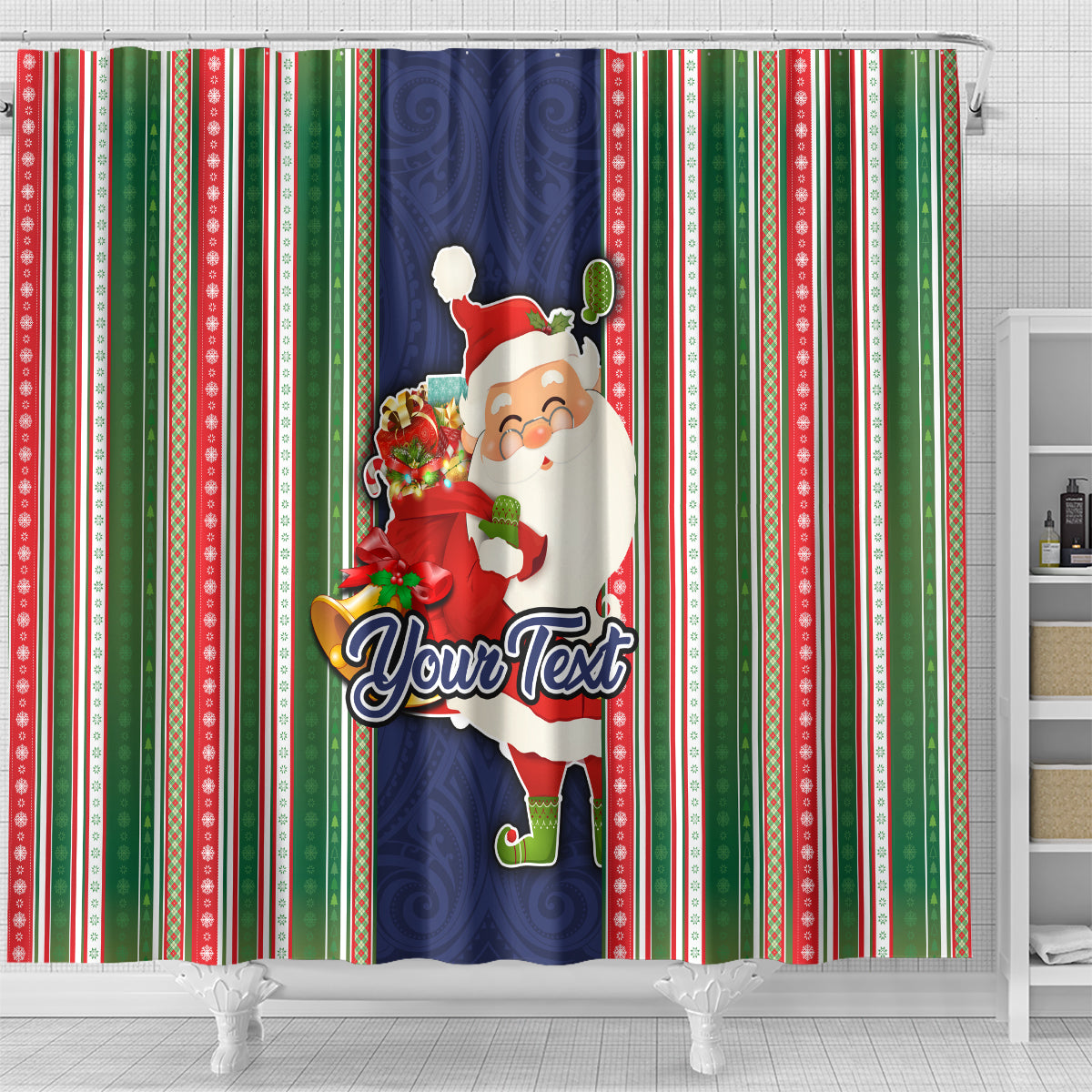 Custom Kiribati Christmas Shower Curtain Santa With Gift Bag Behind Ribbons Seamless Blue Maori LT03 - Polynesian Pride