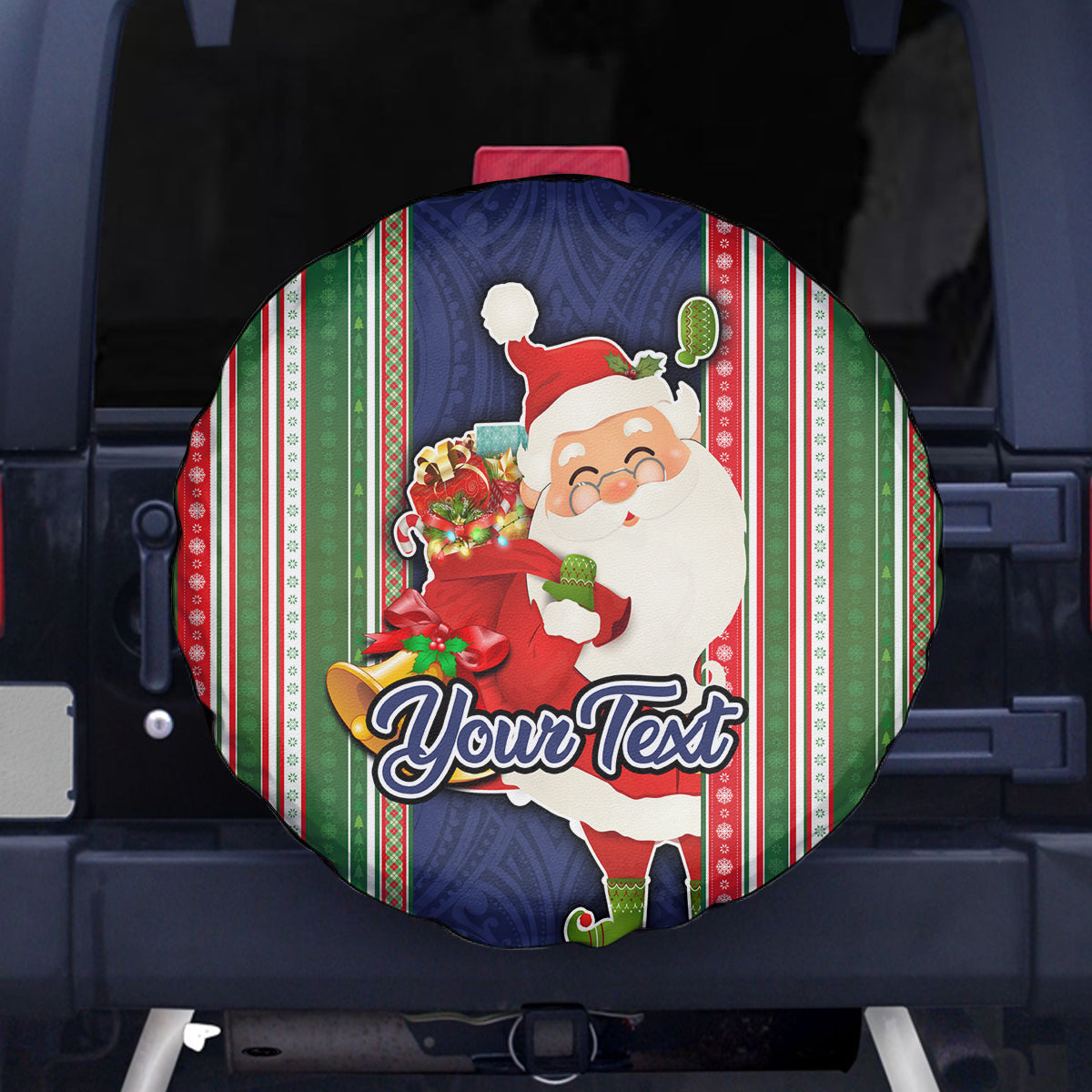 Custom Kiribati Christmas Spare Tire Cover Santa With Gift Bag Behind Ribbons Seamless Blue Maori LT03 Blue - Polynesian Pride